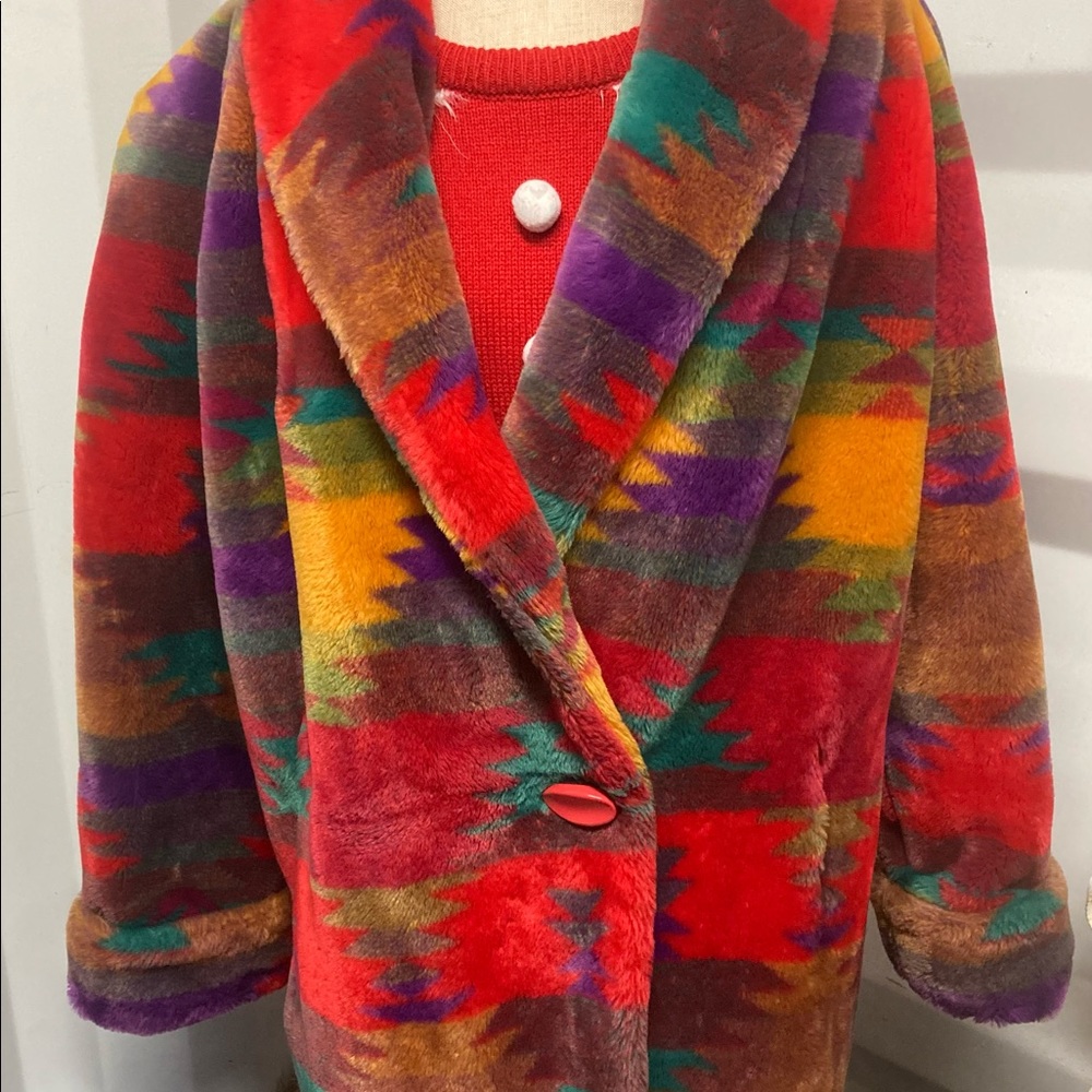 Vtg 80's Donnybrook Oversized Southwestern Faux Fur Coat, Size M